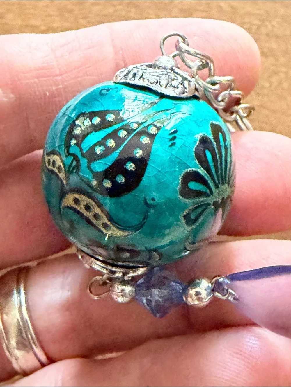 Turkish Design Turquoise Floral Ceramic Orb Keychain